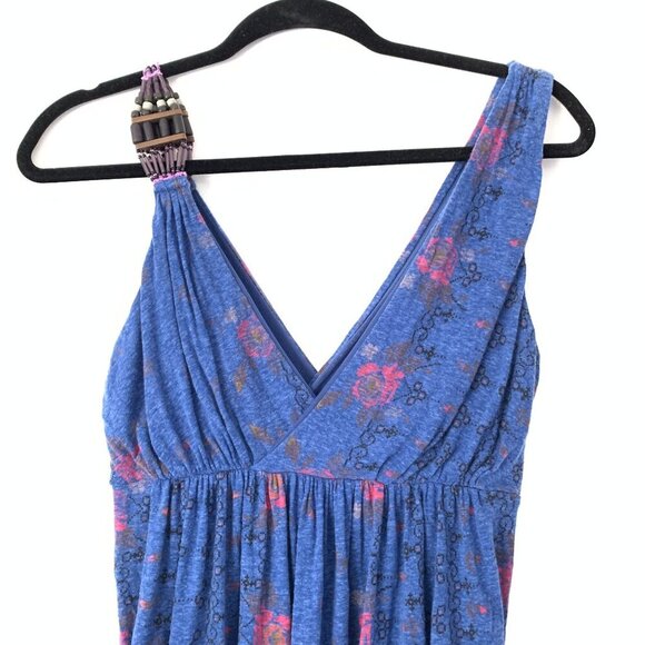 Free People Beaded One-Shoulder Blue Floral Draped Tunic Top Size S Flowy Y2K - Picture 5 of 7